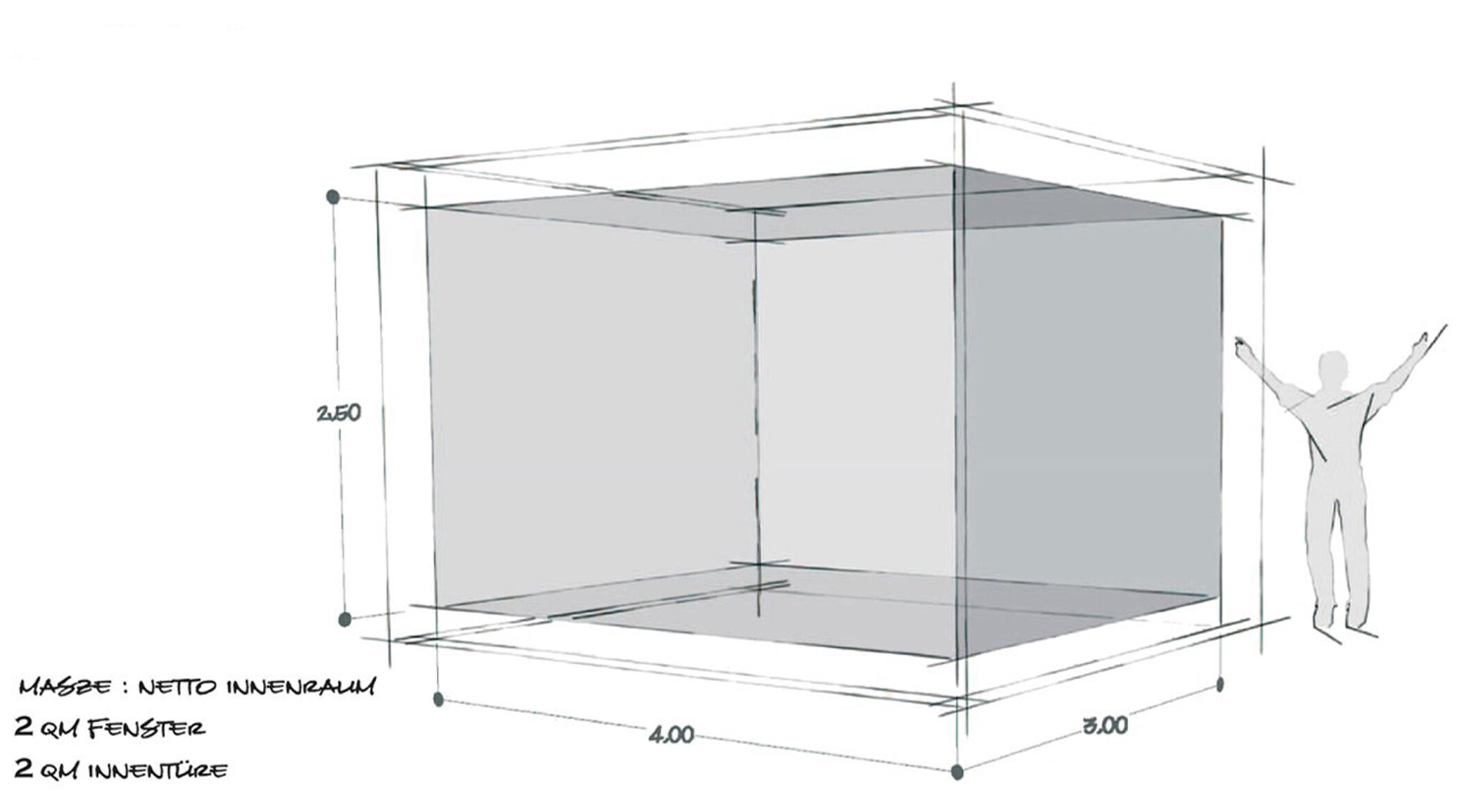 Dreidimensionale Skizze eines quadratischen Raums.