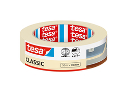 tesa® Malerband Classic, 50m x 30mm ein weißes Band auf einer rundlichen Verpackung