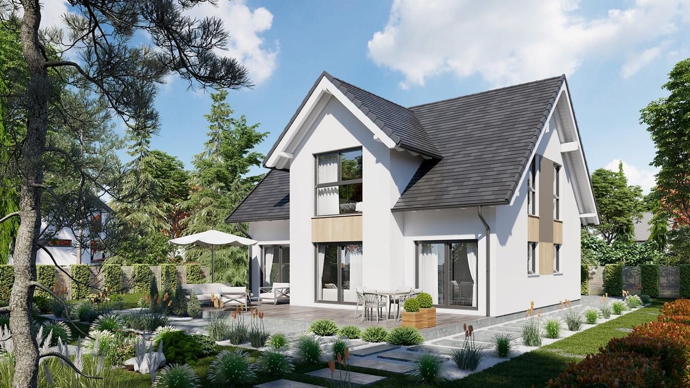 Das neue, hochwertig wohngesunde Musterhaus Fortuna entsteht als klassisches Satteldachhaus in Bestwig. Grafik: Büdenbender Hausbau